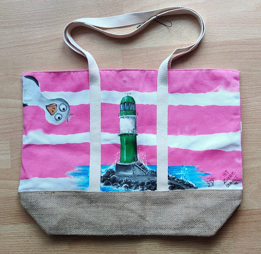Strandtasche mit Warnemünde Motiv Molenfeuer